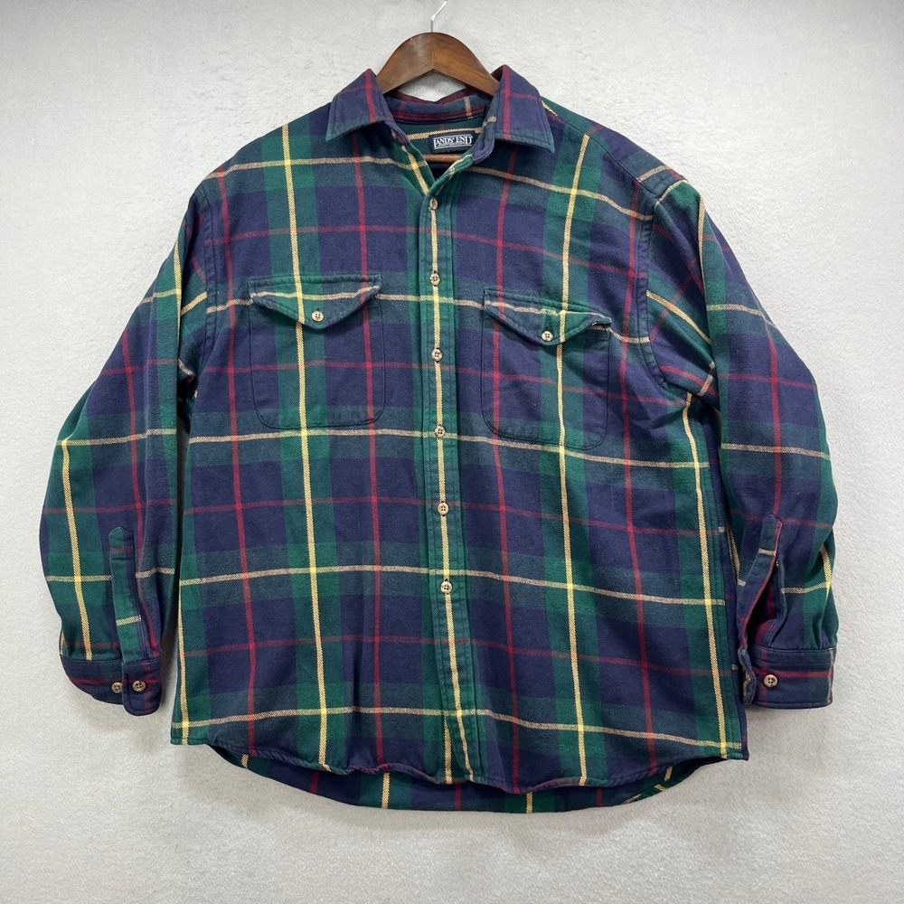 Lands End Flannel Shirt Men M Green Navy Plaid Chamois Rugged Button Up Heritage